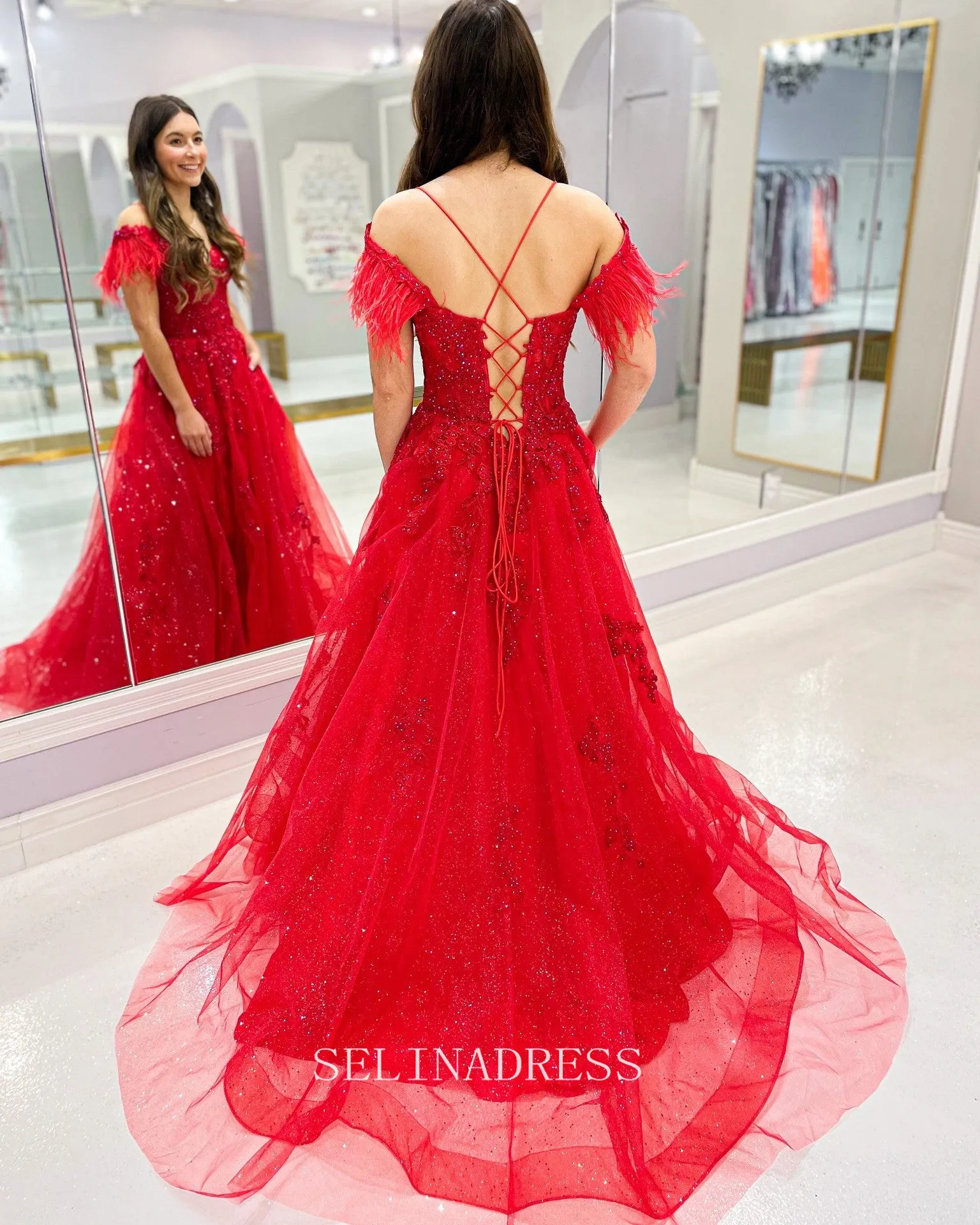 A-line Spaghetti Straps Feather Elegant Long Prom Dress Red Lace Party Dress #LOP005