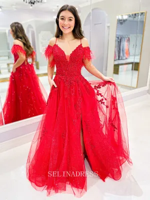 A-line Spaghetti Straps Feather Elegant Long Prom Dress Red Lace Party Dress #LOP005