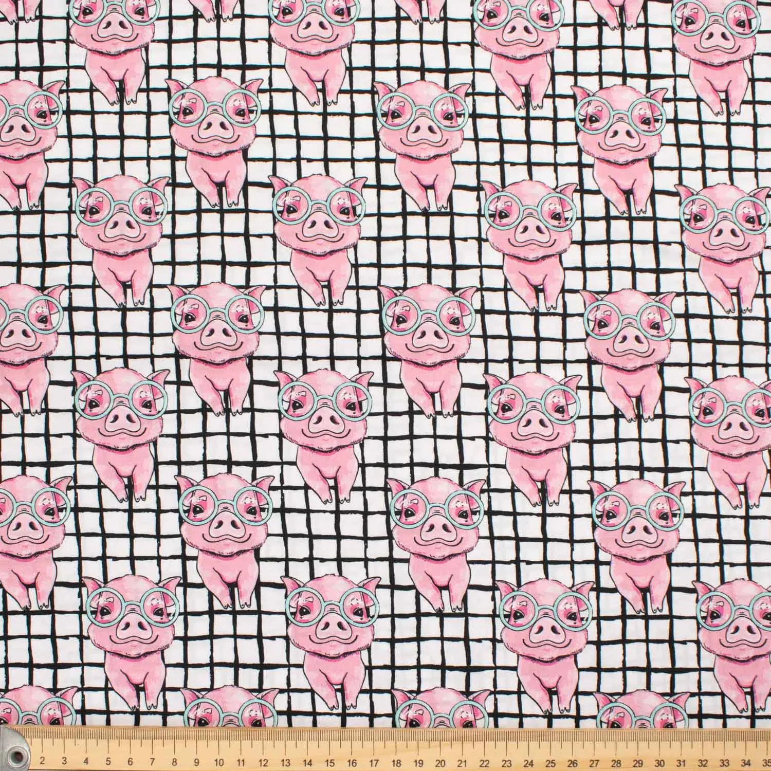 Animal Series The Pink Pig & Black Checks on White Cotton Prints