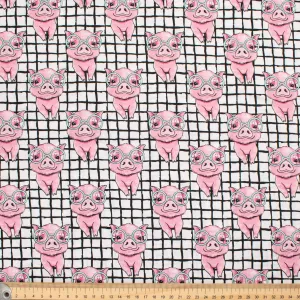 Animal Series The Pink Pig & Black Checks on White Cotton Prints