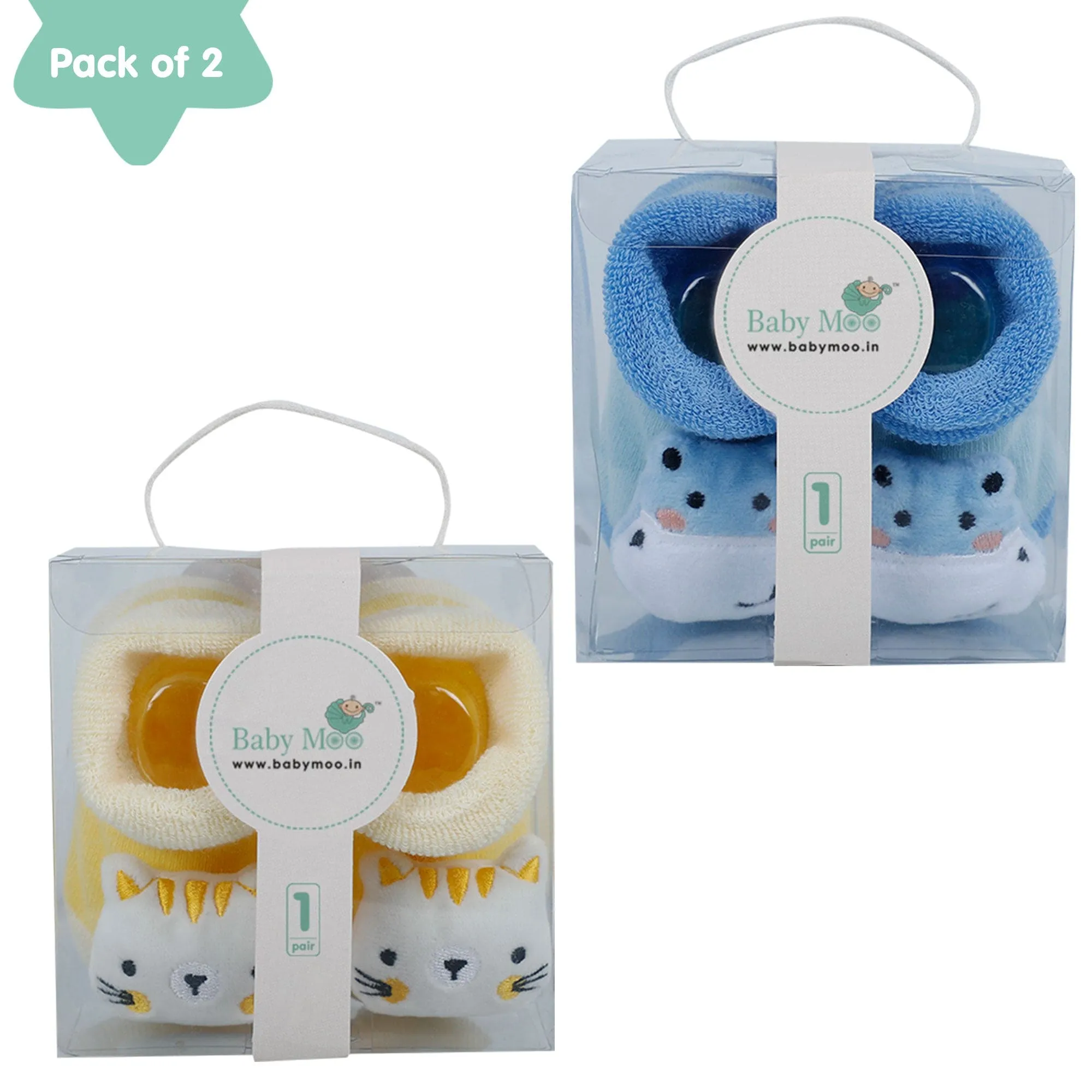 Baby Moo Cat And Hippo 3D Rattle Anti-Skid Socks Booties Pack of 2 - Yellow, Blue