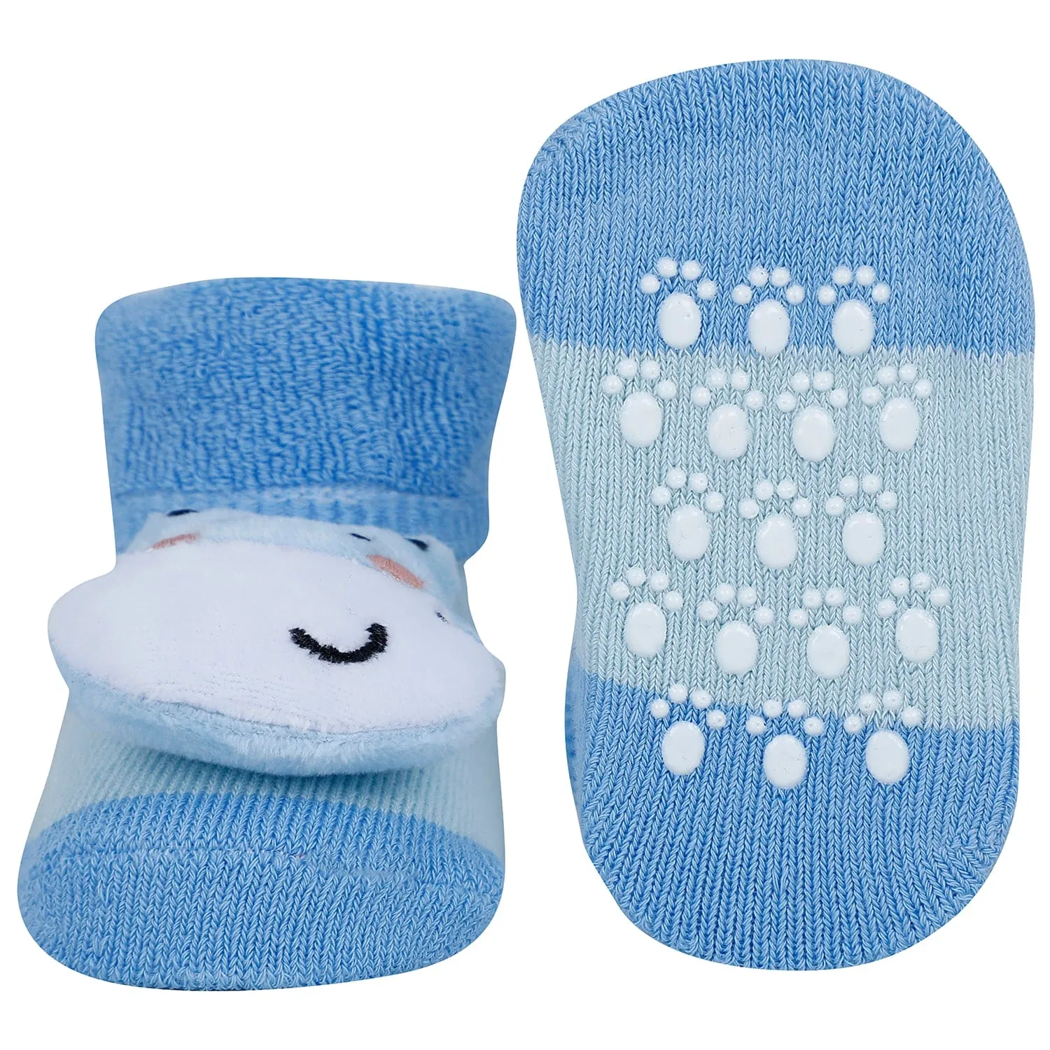 Baby Moo Cat And Hippo 3D Rattle Anti-Skid Socks Booties Pack of 2 - Yellow, Blue