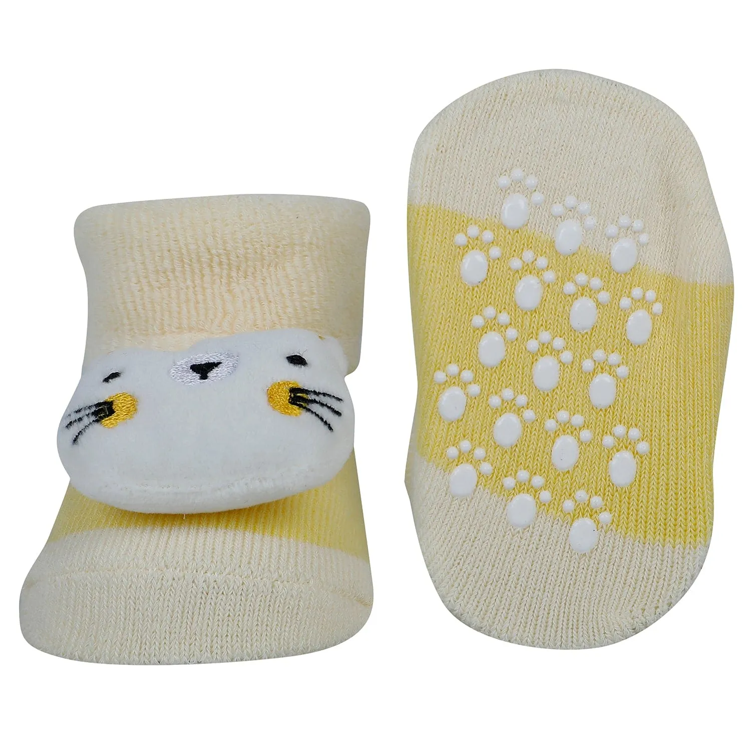 Baby Moo Cat And Hippo 3D Rattle Anti-Skid Socks Booties Pack of 2 - Yellow, Blue