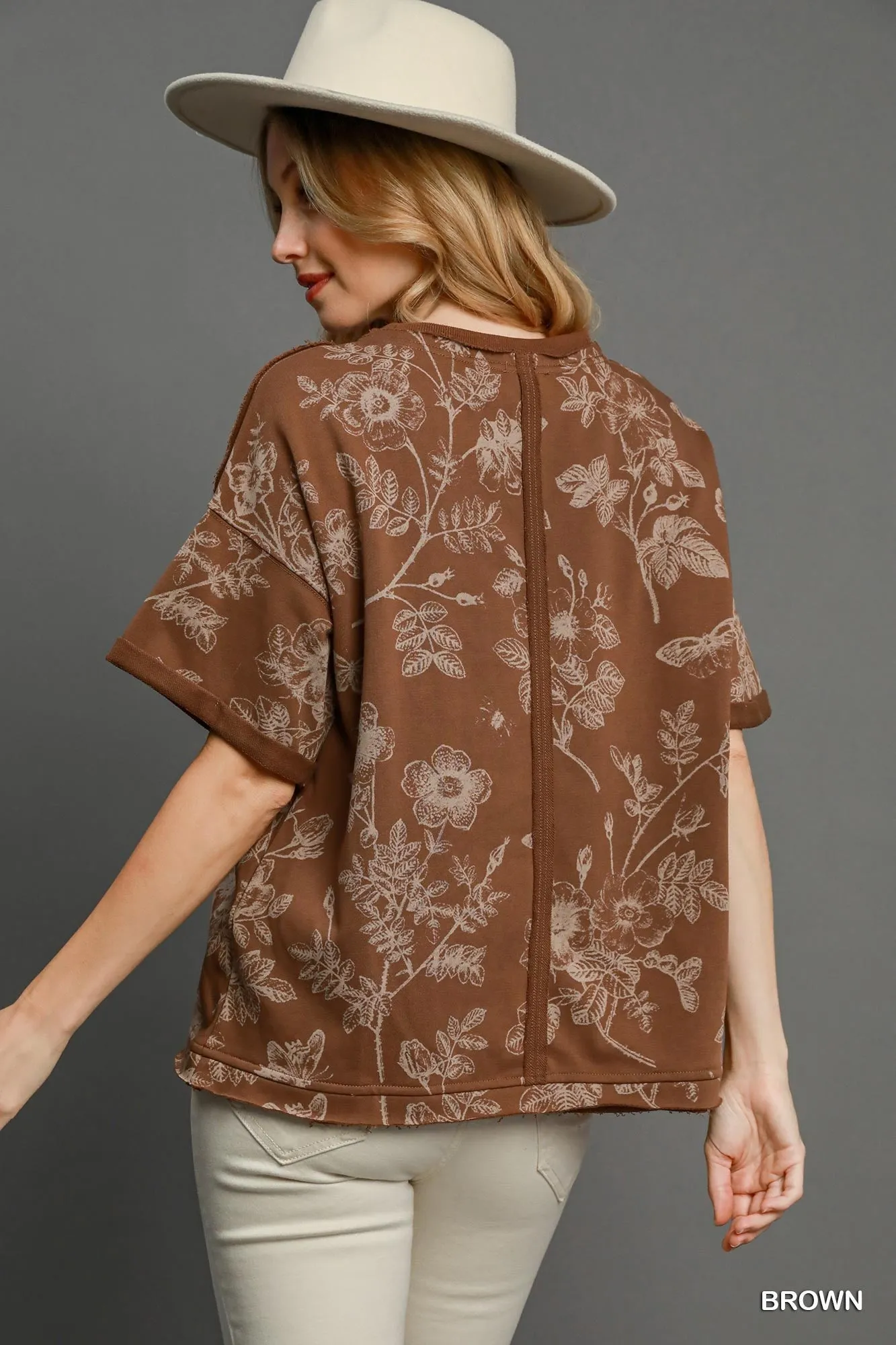 Brown Floral Print Boxy Cut Top