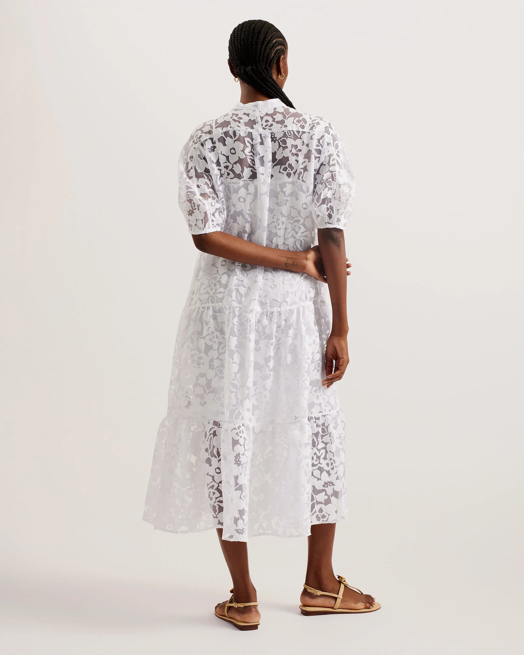 Claarey Tiered Button Through Midi Dress White