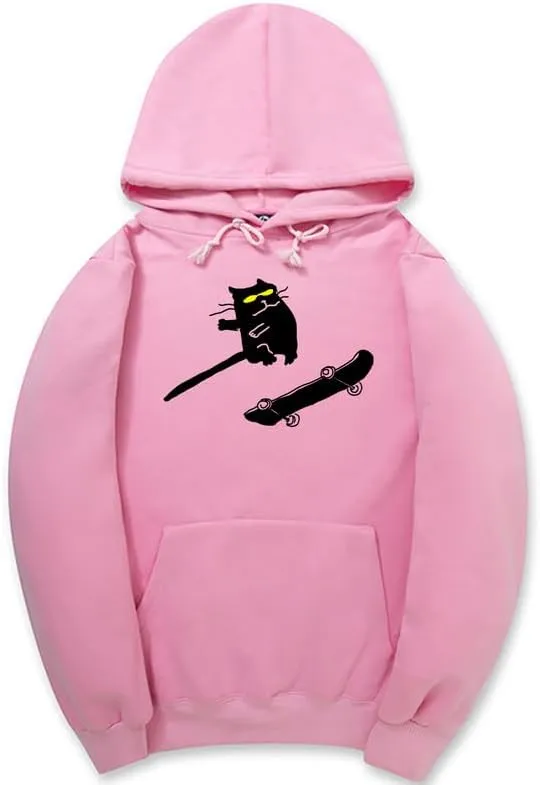 CORIRESHA Funny Cat Skateboard Drawstring Long Sleeve Kangaroo Pocket Hoodie Sweatshirt