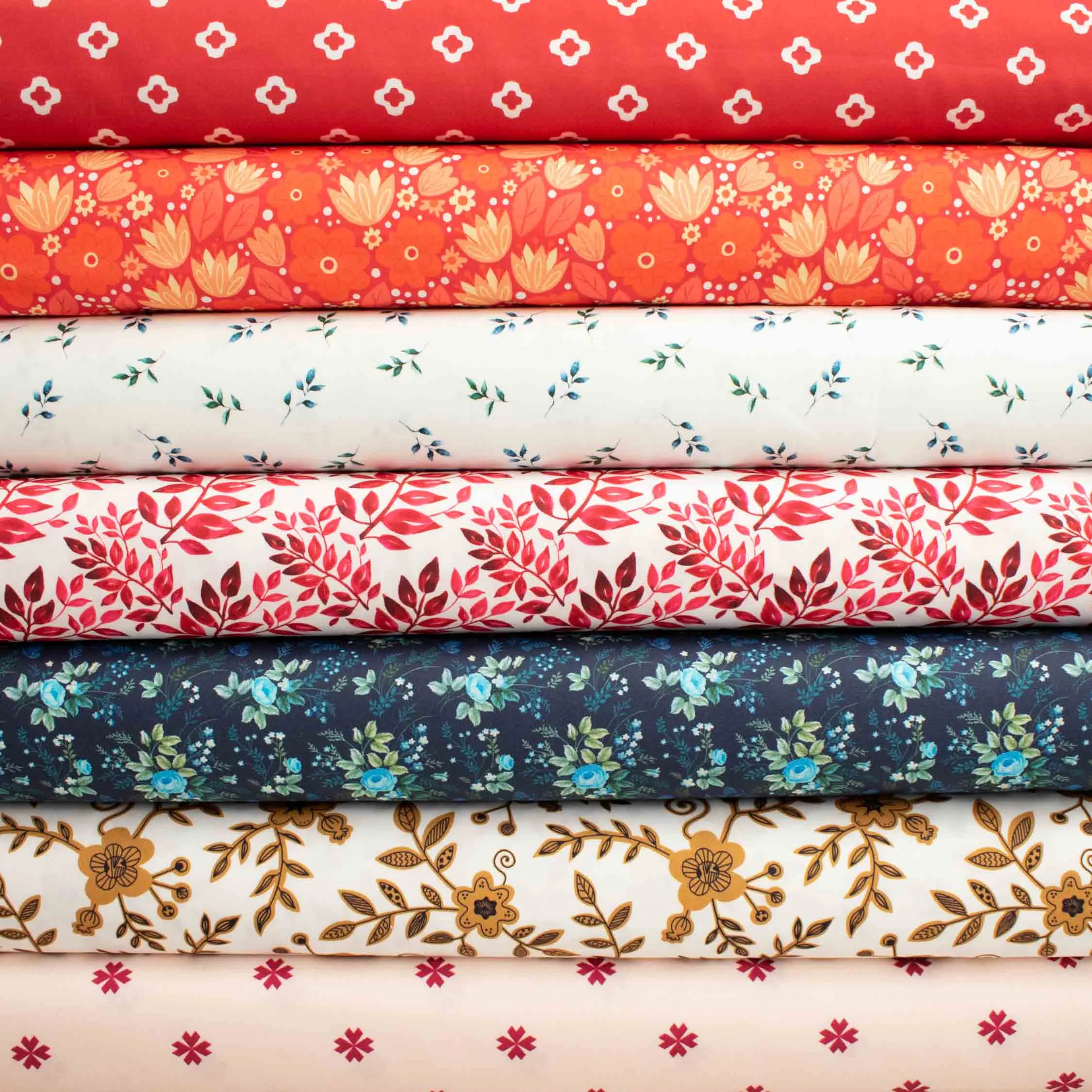 Country Side Collection #27 White Geometric Floral on Red Cotton Prints