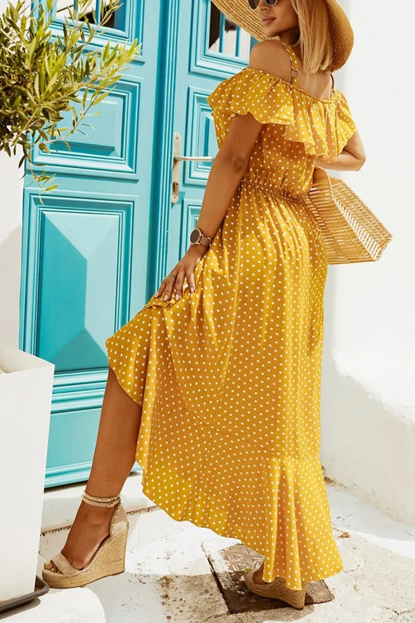 Dot Ruffles Off Shoulder Irregularity Maxi Dress