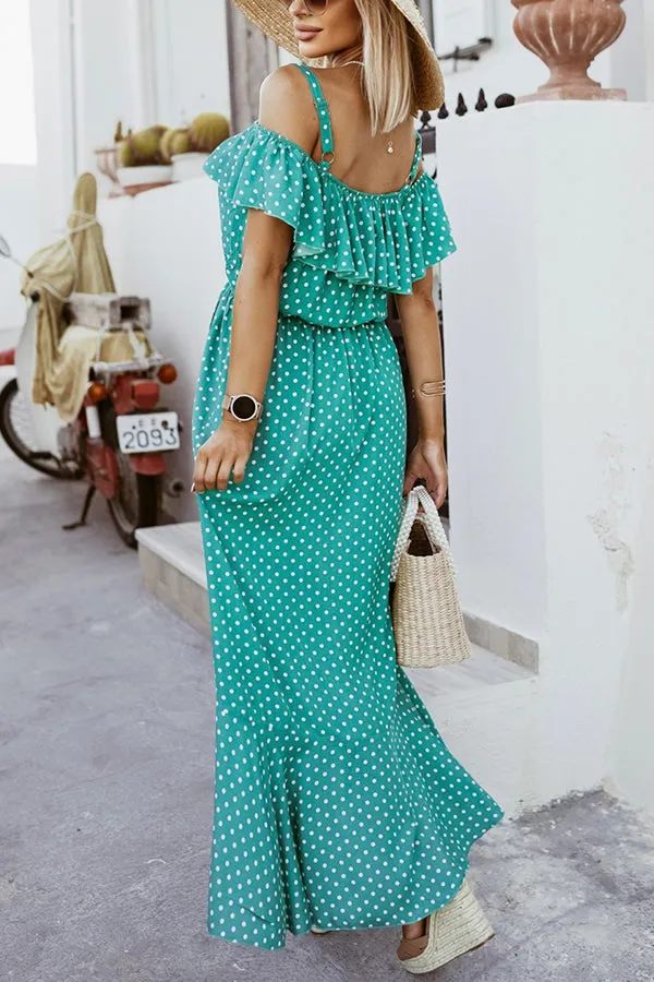 Dot Ruffles Off Shoulder Irregularity Maxi Dress