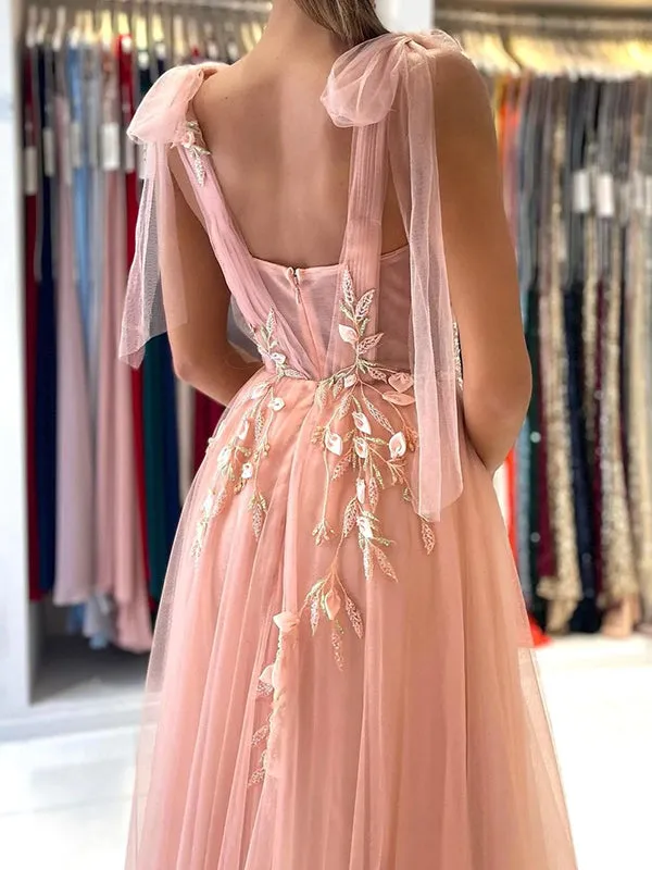 Elegant Pink Spaghetti Straps Applique Prom Dress with Side Slit, DB11017