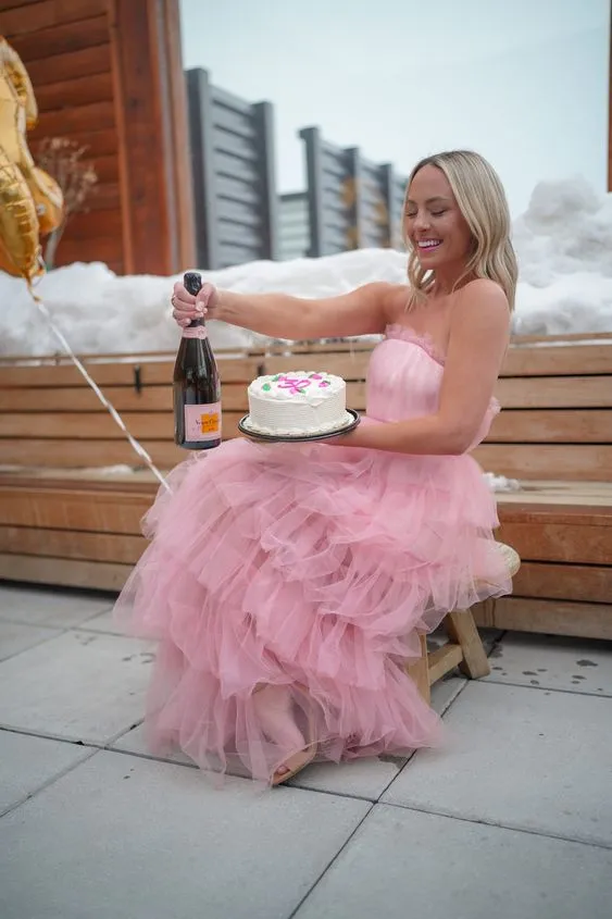 Elegant Pink Tulle Prom Dress,Long Birthday Outfit