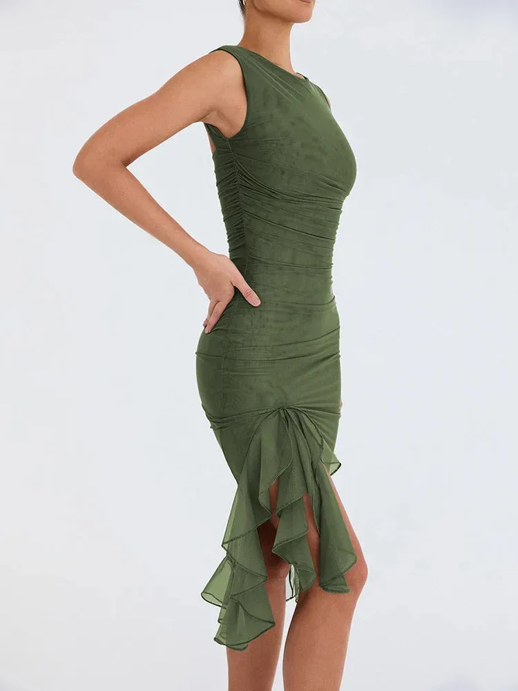 Elegant Ruffle Ruched Backless Maxi Dress