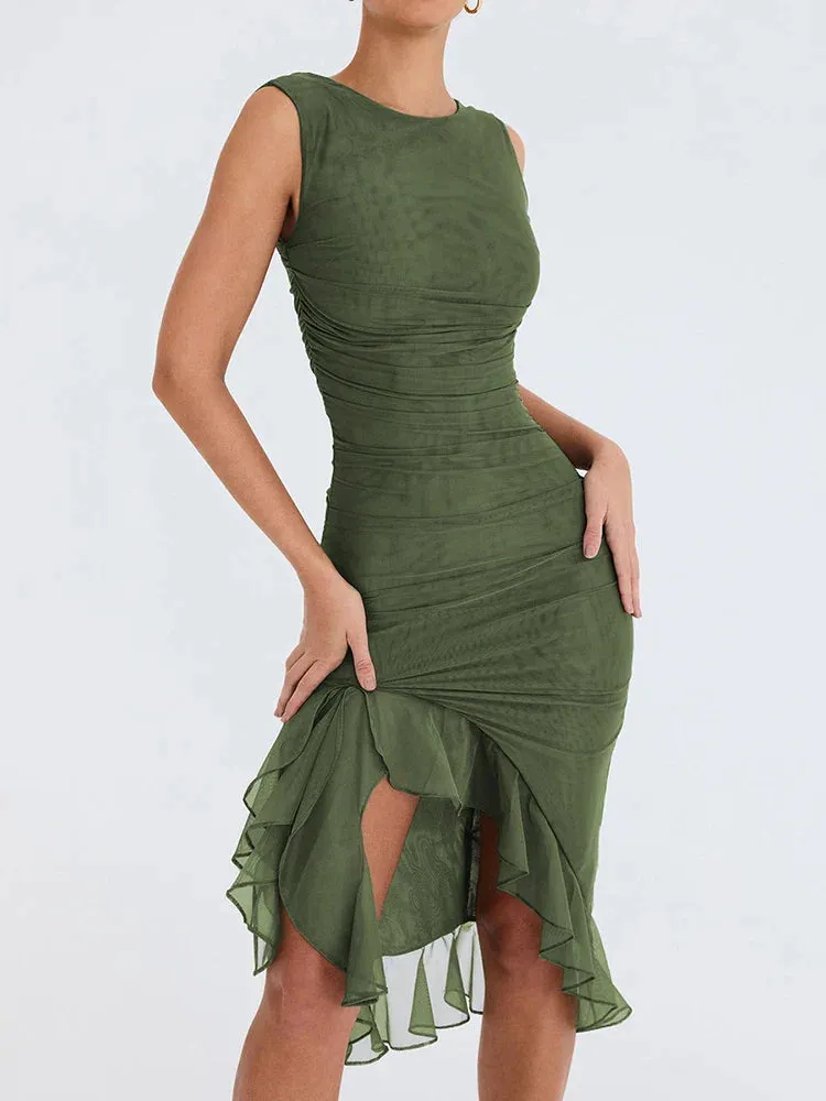 Elegant Ruffle Ruched Backless Maxi Dress