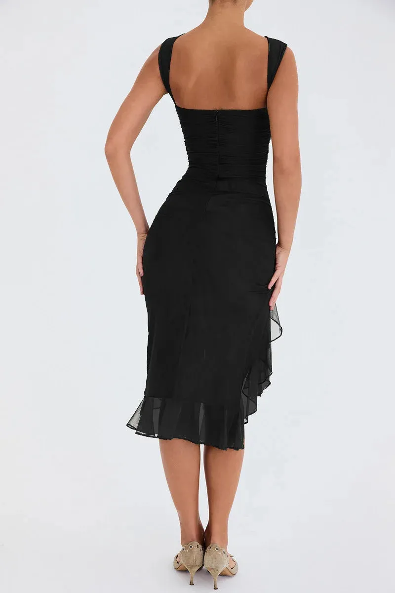 Elegant Ruffle Ruched Midi Dress For Women Sexy Dress