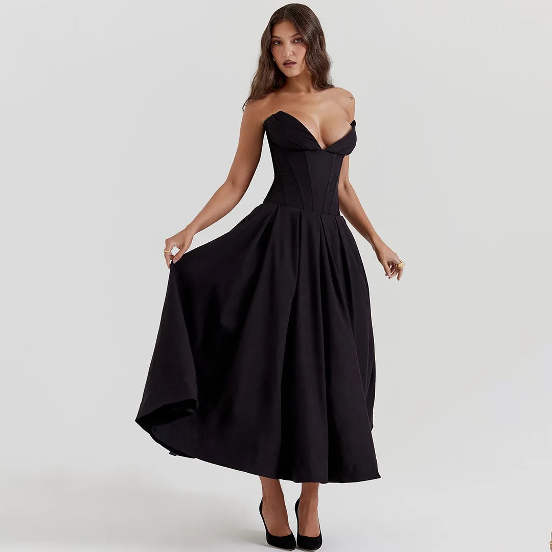 Elegant Sweetheart Neck Strapless Corset Pleated Cocktail Midi Dress