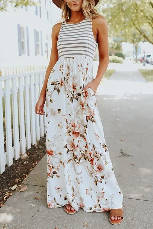 Floral Print Pocket Sleeveless Maxi Dress