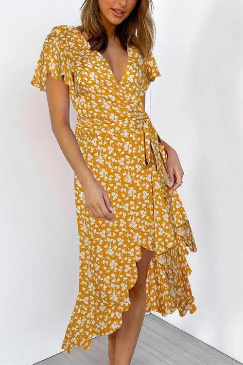 Floral Ruffles Print Wrap Maxi Dress