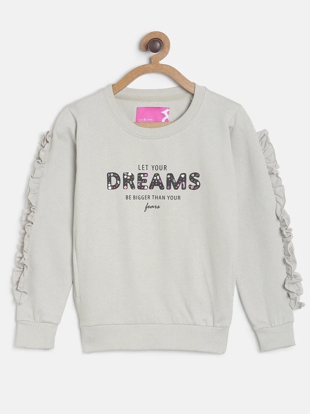 Girls Light Grey Printed Cotton Regular Fit Sweatshirt