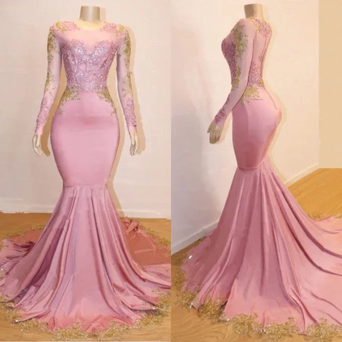 Gorgeous Long Sleeve Prom Dresses | Mermaid Pink Appliques Evening Gowns BC1142