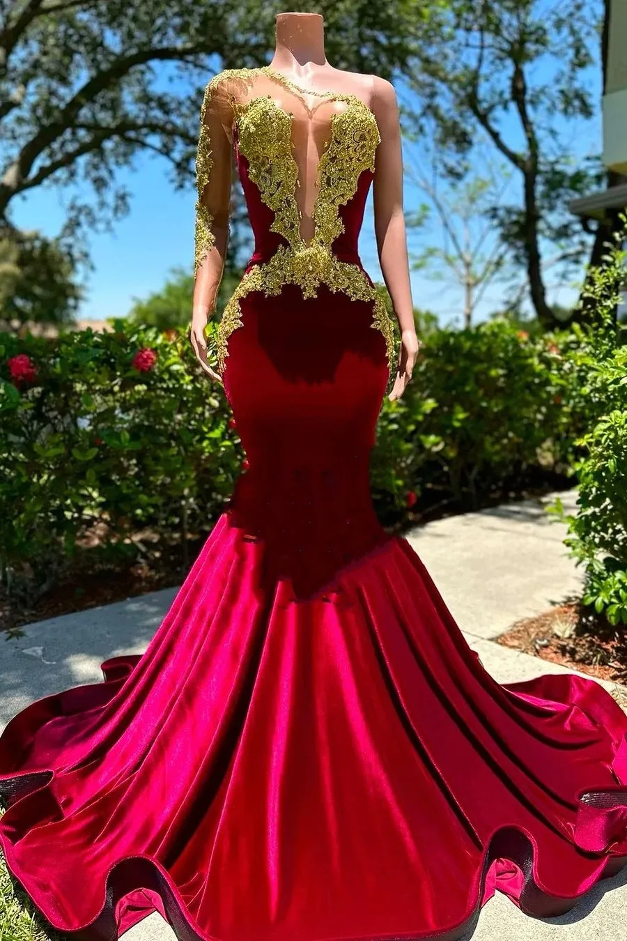 One shoulder Gold Appliques Burgundy Bodycon Prom Dress