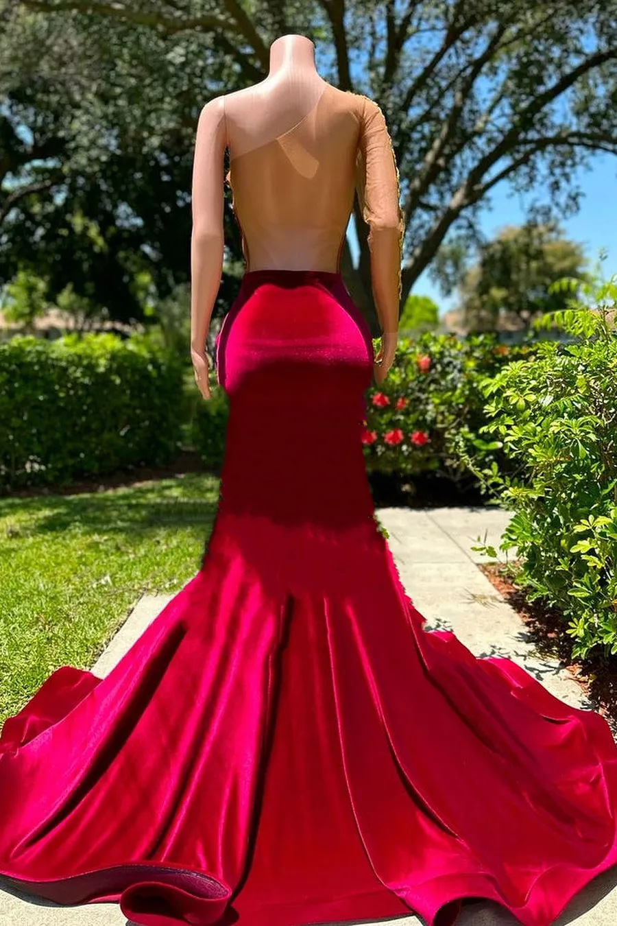 One shoulder Gold Appliques Burgundy Bodycon Prom Dress