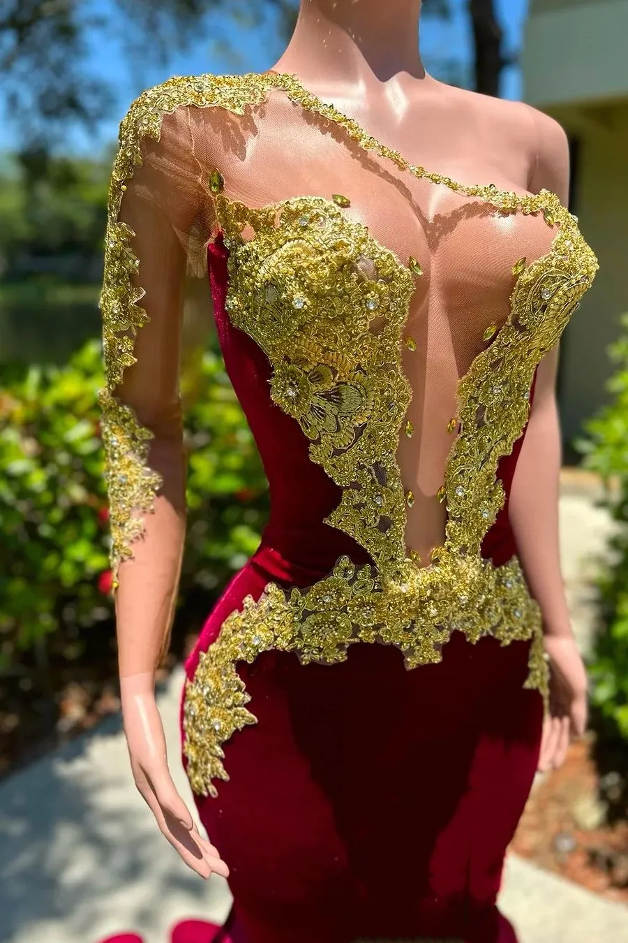 One shoulder Gold Appliques Burgundy Bodycon Prom Dress