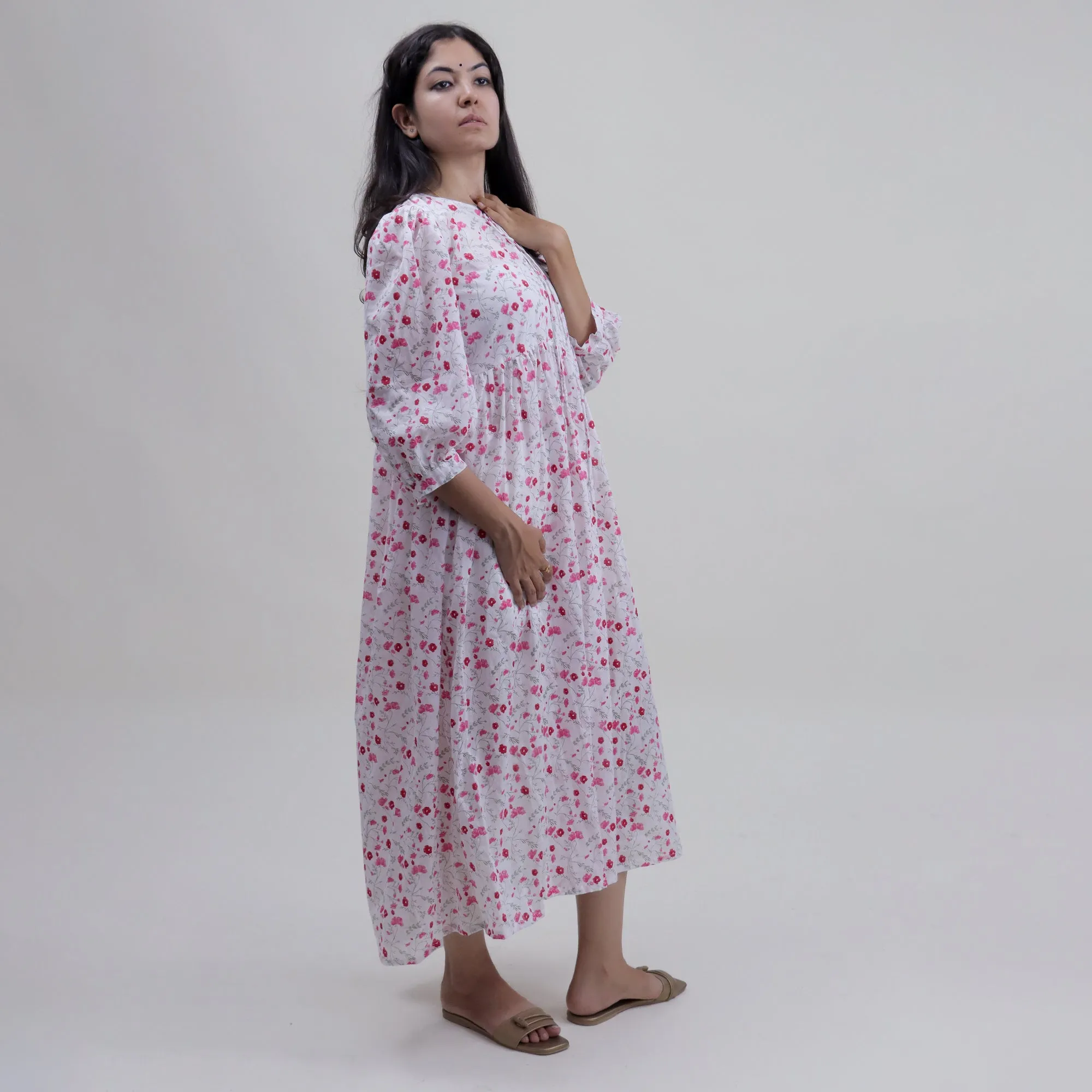 Pink Floral Ladies Midi Dresses