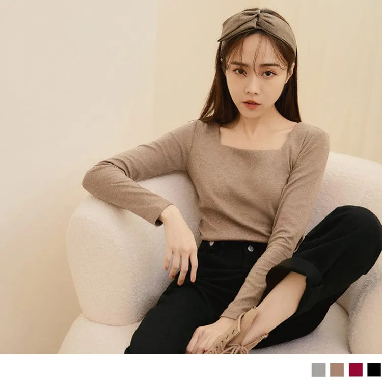 PURE COLOR KEEP WARM SQUARE NECK LONG SLEEVE TOPS