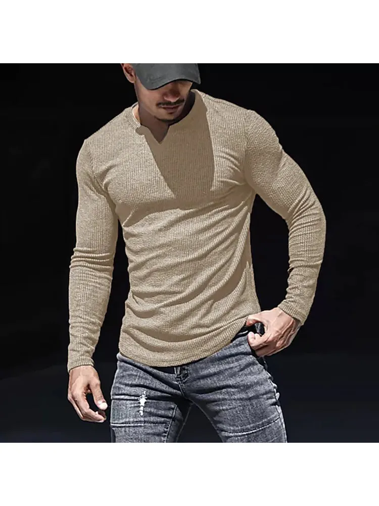 Round Neck Solid Colour Cotton Pit Stripes Long-Sleeved T-Shirt Men'S Casual Bottoming Shirt