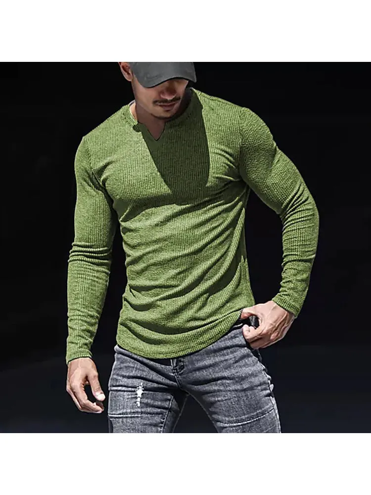 Round Neck Solid Colour Cotton Pit Stripes Long-Sleeved T-Shirt Men'S Casual Bottoming Shirt