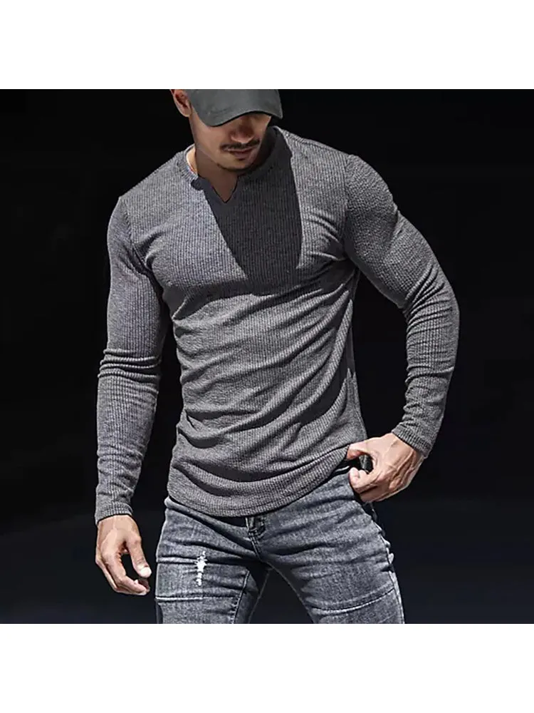 Round Neck Solid Colour Cotton Pit Stripes Long-Sleeved T-Shirt Men'S Casual Bottoming Shirt