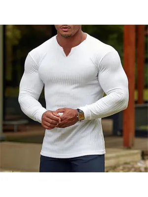 Round Neck Solid Colour Cotton Pit Stripes Long-Sleeved T-Shirt Men'S Casual Bottoming Shirt