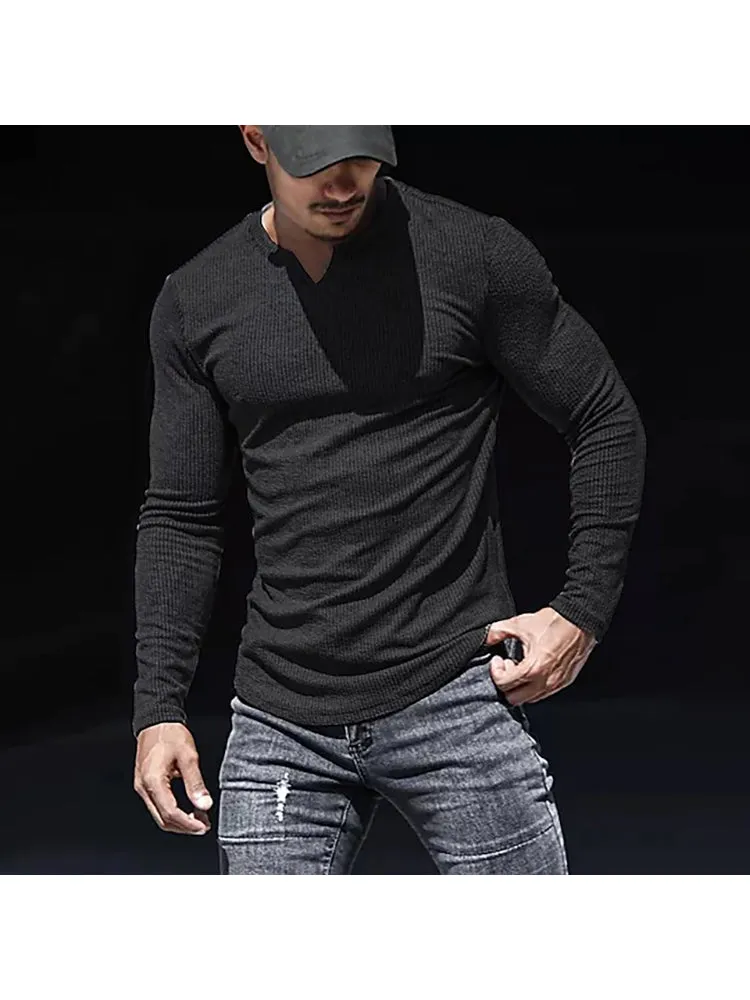 Round Neck Solid Colour Cotton Pit Stripes Long-Sleeved T-Shirt Men'S Casual Bottoming Shirt