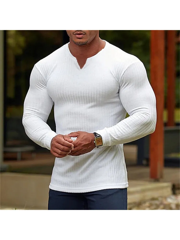 Round Neck Solid Colour Cotton Pit Stripes Long-Sleeved T-Shirt Men'S Casual Bottoming Shirt