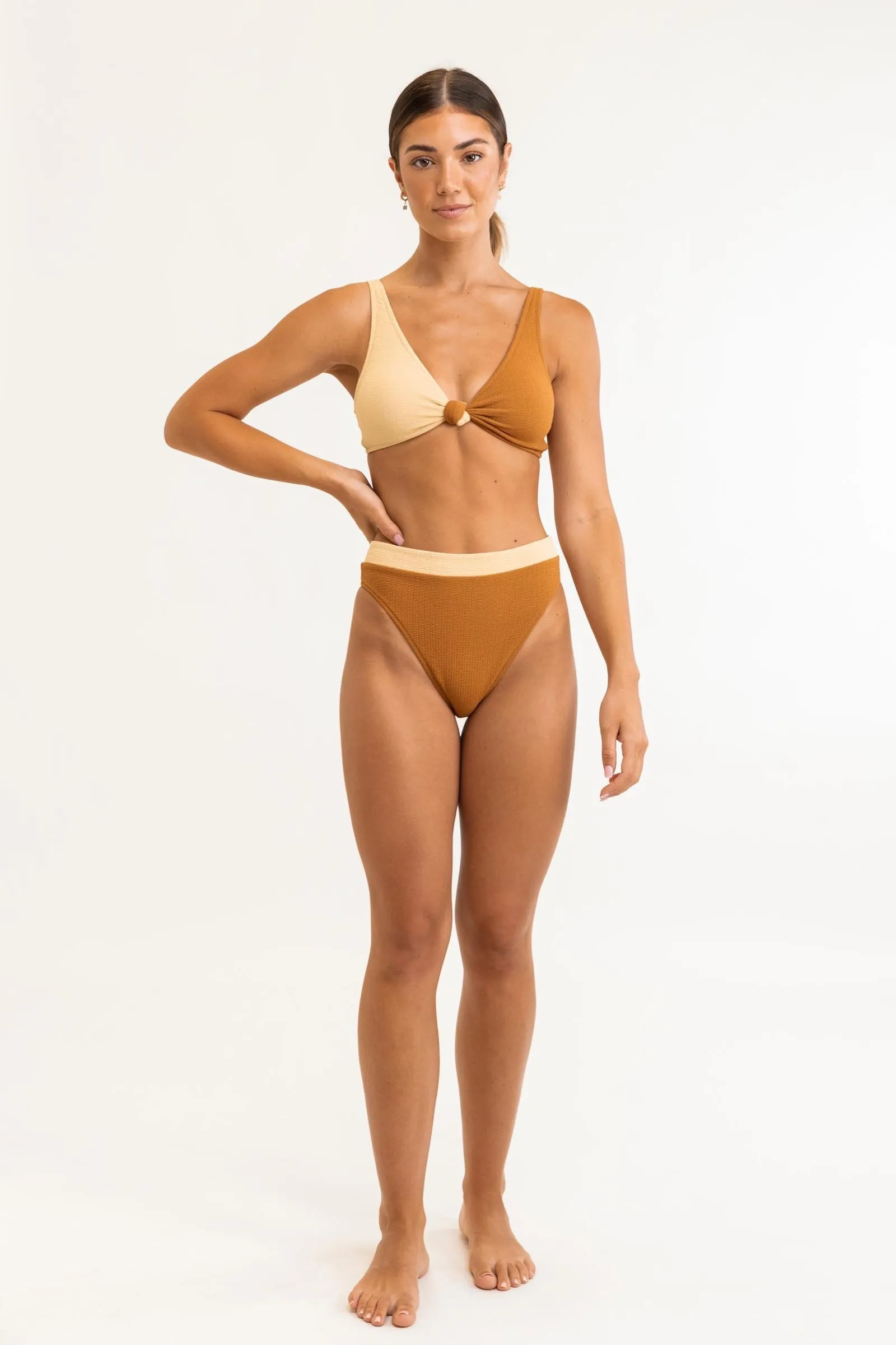 Warm Sands Spliced Two Tone Knot Front Top Golden Brown