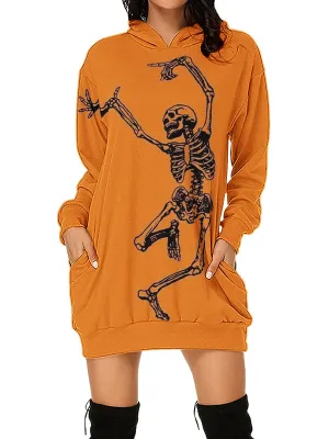 Women Halloween Dancing Skeleton Graphic Print Hoodies