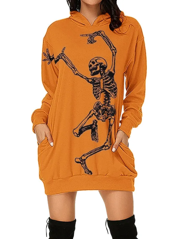 Women Halloween Dancing Skeleton Graphic Print Hoodies