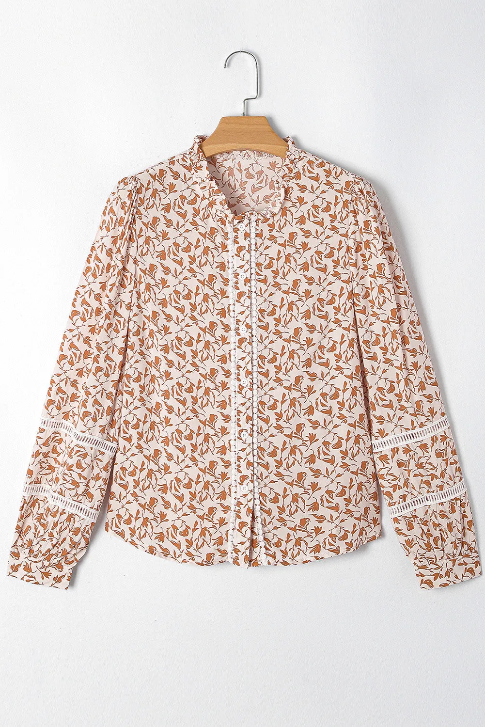 Womens Floral Printed Mock Neck Shirt Button Down Eyelet Blouse Tops