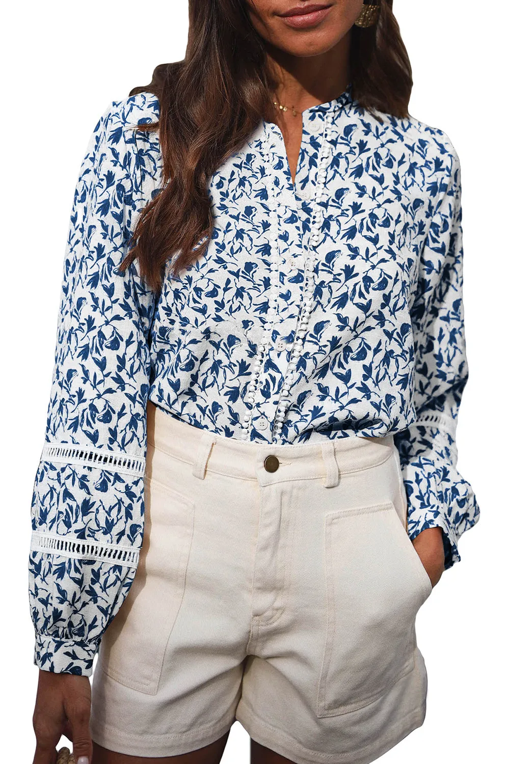 Womens Floral Printed Mock Neck Shirt Button Down Eyelet Blouse Tops